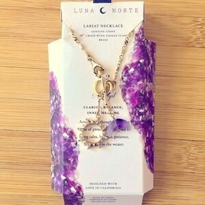 Brand New Luna Norte Genuine Amethyst Lariat Necklace Gold Tone Sun Moon Toggle